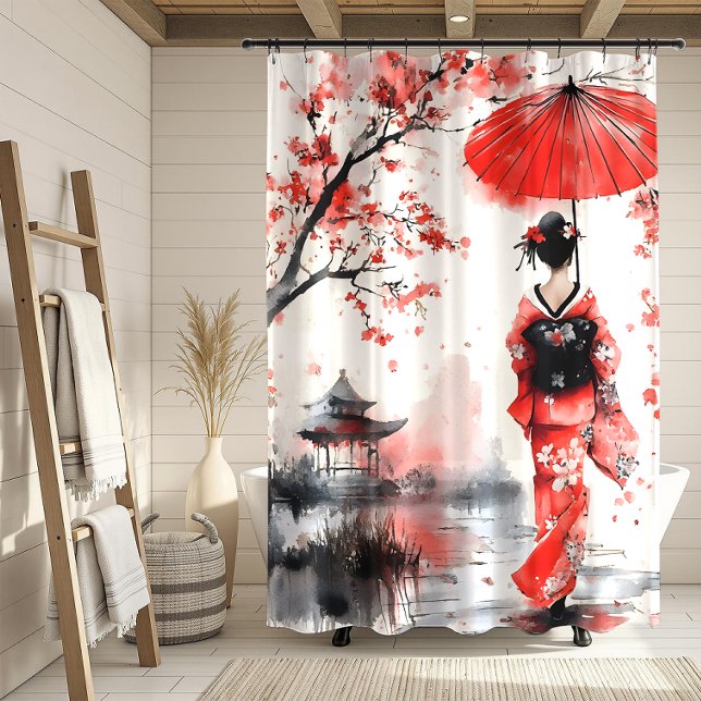 Roter und schwarzer floraler Geisha | Duschvorhang (Von Creator hochgeladen)