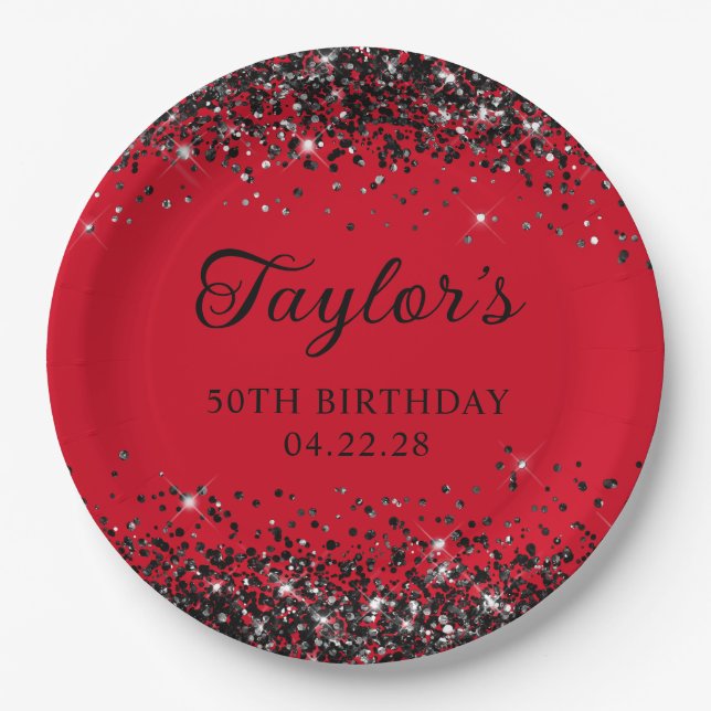 Roter und schwarzer Glitter 50. Geburtstag Pappteller (Vorderseite)