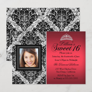 Roter und schwarzer Glitter Damast Foto Sweet 16 Einladung
