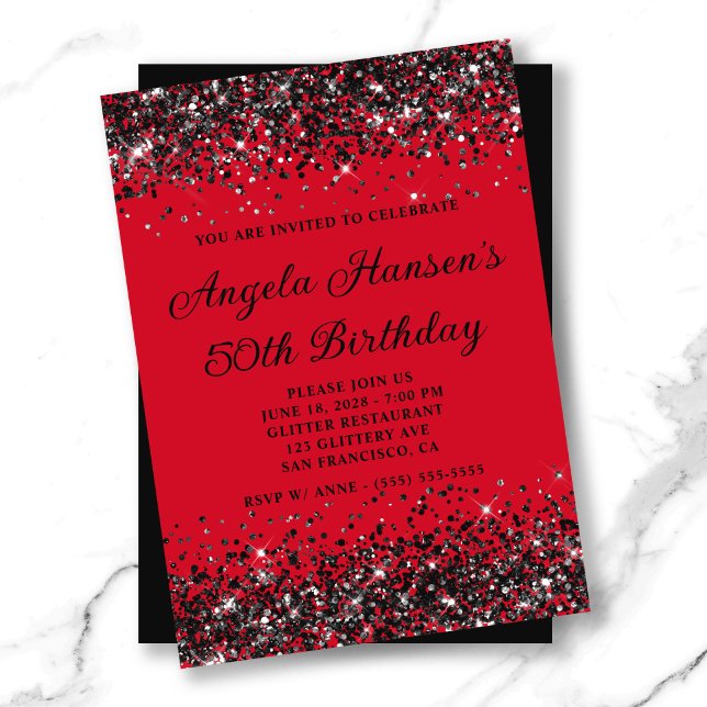 Roter und Schwarzer Glitzer 50. Geburtstag Einladung (Red and Black Glitter 50th Birthday Invitation)