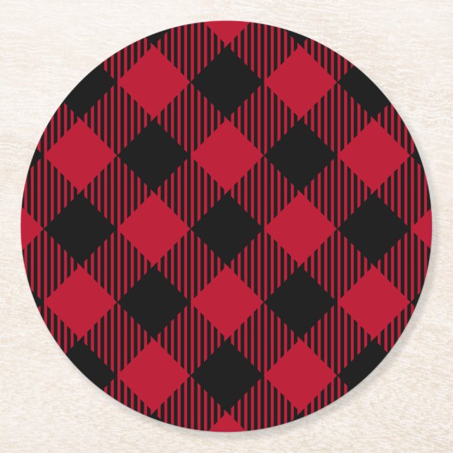 Roter und schwarzer Karo-Büffel-kariertes Muster Runder Pappuntersetzer (Vorderseite)