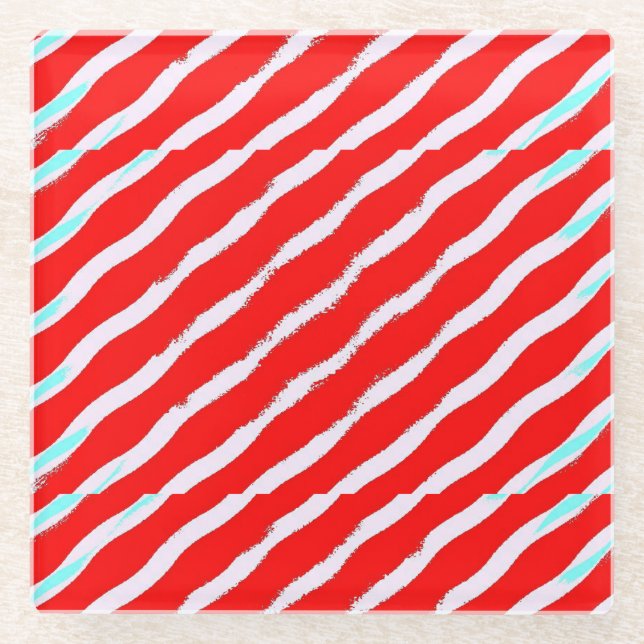 Roter und weißer diagonaler gewellter Streifen Glasuntersetzer (Vorderseite)