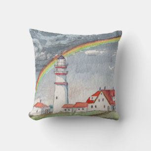 Roter und weißer Leuchtturm und Regenbogen Kissen