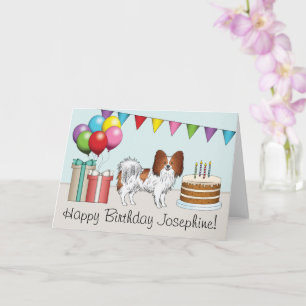 Roter und weißer Papillon-Hund Bunter Geburtstag Karte