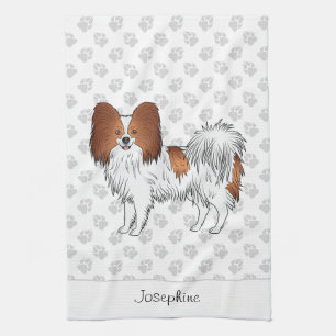 Roter und weißer Papillon-Hund mit Pfoten und Text Geschirrtuch