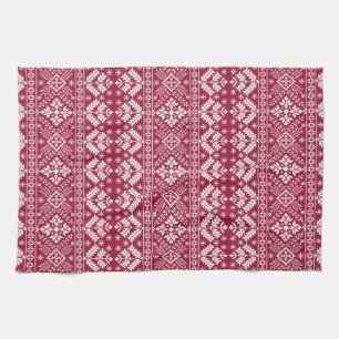 Roter und weißer Schneeflock- und Blumen-Fair-Isle Geschirrtuch