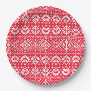 Roter und weißer Schneeflock- und Blumen-Fair-Isle Pappteller