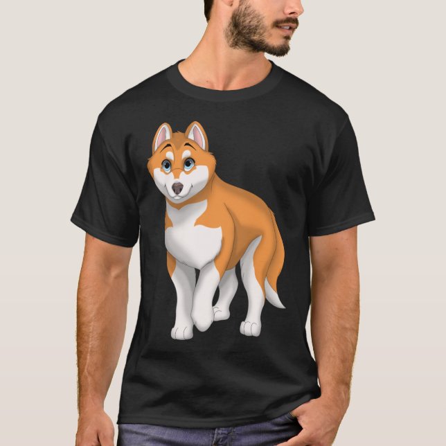 Roter und weißer sibirischer Husky-Hund mit blauen T-Shirt (Vorderseite)
