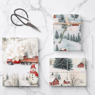 Roter und Weißer Waldschneemann und Lastwagen Weih Geschenkpapier Set