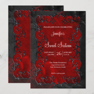 Roter verzierter Rahmen Gothic Sweet 16 Einladung