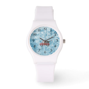 roter Vintage-LKW auf blauem Schneeflocken-Hinterg Armbanduhr