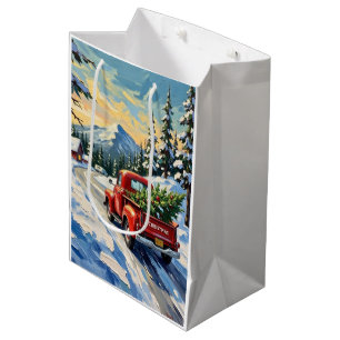Roter Vintage-LKW mit Weihnachtsbaum Mittlere Geschenktüte