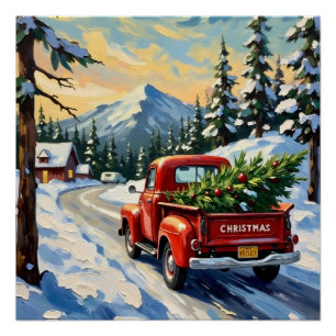 Roter Vintage-LKW mit Weihnachtsbaum Poster