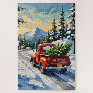Roter Vintage-LKW mit Weihnachtsbaum Puzzle