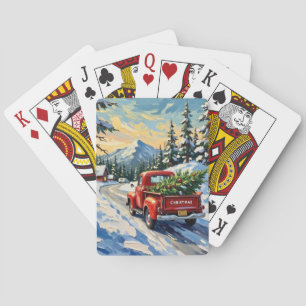 Roter Vintage-LKW mit Weihnachtsbaum Spielkarten