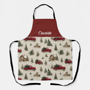 Roter Vintage-LKW mit Weihnachtsbäumen Schürze