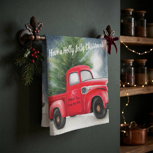 Roter Vintage-LKW und Baum individuell für Feierta Geschirrtuch