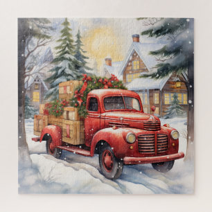 Roter Vintage-LKW Weihnachten Winter Schnee Puzzle