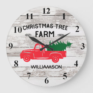 Roter Vintage-LKW Weihnachtsbaum Familienname Große Wanduhr