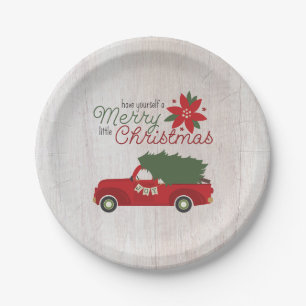 Roter Vintage-LKW & Weihnachtsbaum Pappteller
