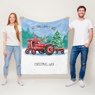 Roter Vintage-Traktor mit Weihnachtsbaum - Name hi Fleecedecke