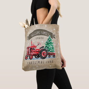 Roter Vintage-Traktor-Weihnachtsbaum-Jutebeutel-Na