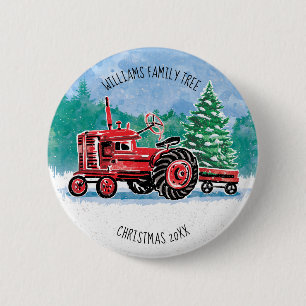Roter Vintage-Traktor-Weihnachtsbaum Name hinzufüg Button