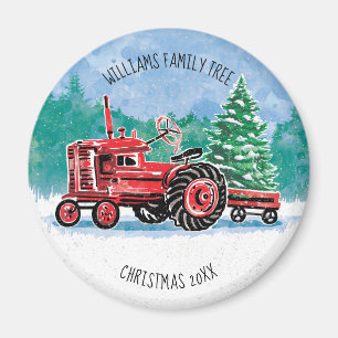 Roter Vintage-Traktor Weihnachtsbaum Name hinzufüg Magnet