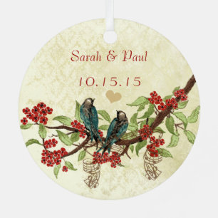Roter Vintage-Vogel 1. Weihnachtsfoto mit braunen Ornament Aus Metall