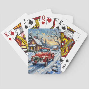 Roter Vintage-Weihnachts-LKW auf verschneiter Land Spielkarten