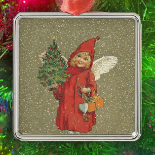 Roter Vintage-Weihnachtsengel-Baum Silbernes Ornament