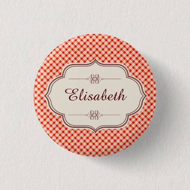 Roter Vintager Gingham-Kalligraphenname Button (Vorderseite)