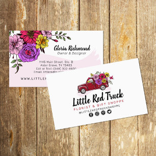 Roter Vintager Lkw und Blume Floral + Social Media Visitenkarte