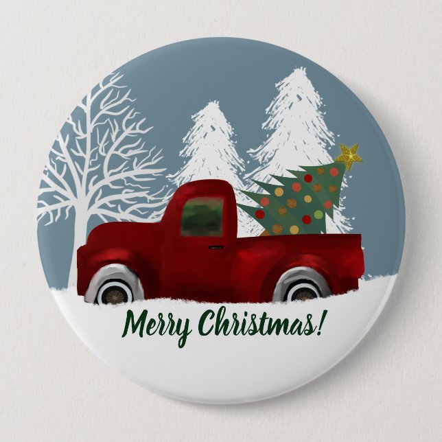 Roter Vintager Retro LKW-und Weihnachtsbaum Button (Vorderseite)