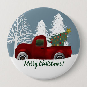 Roter Vintager Retro LKW-und Weihnachtsbaum Button