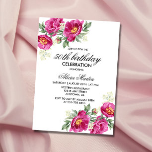 Roter Violet Peony Floral Greenery 50. Geburtstag Einladung