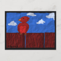 Roter Vogel auf der Zaun-Postkarte