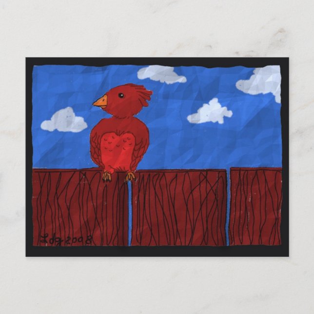 Roter Vogel auf der Zaun-Postkarte Postkarte (Vorderseite)