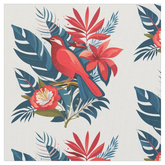 Roter Vogel & Blumenmuster Winterurlaub Kunstleris Stoff (Nahaufnahme)