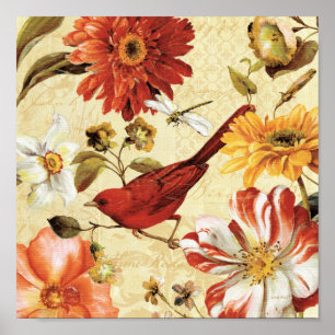 Roter Vogel in einem Blumen-Garten Poster