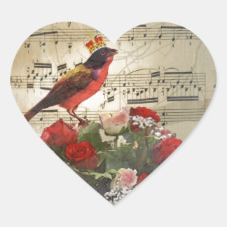 Roter Vogel & Rose auf Vintagem Musikblatt Herz-Aufkleber