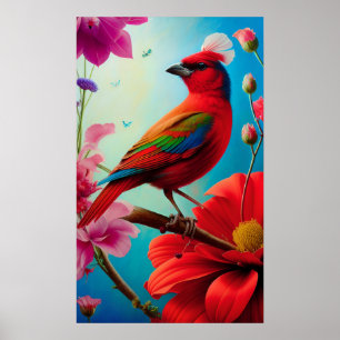 Roter Vogel und Blume Poster