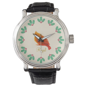 Roter Vogel und Stechpalmenbeeren Armbanduhr