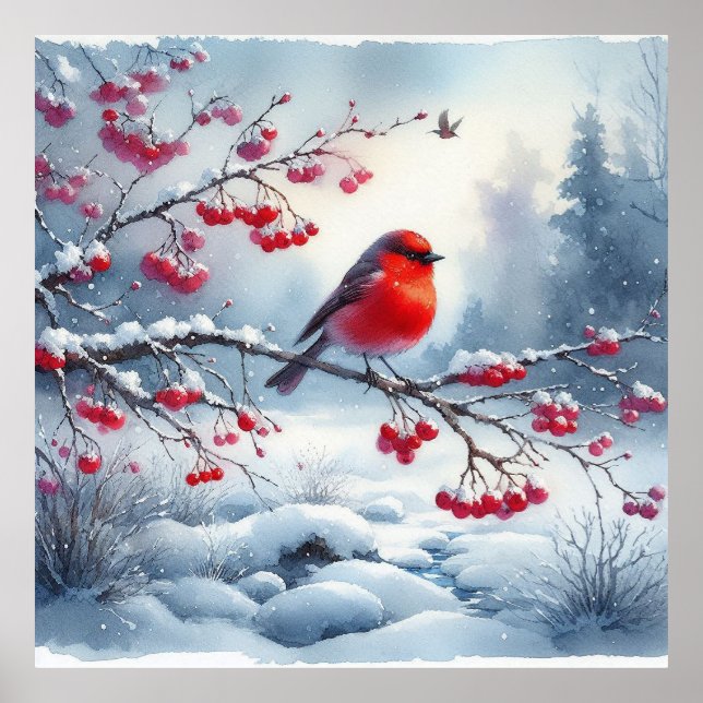 Roter Vogel und Winterlandschaft 2 Poster (Vorne)