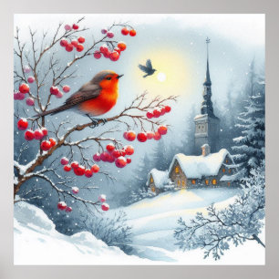 Roter Vogel und Winterlandschaft 4 Poster
