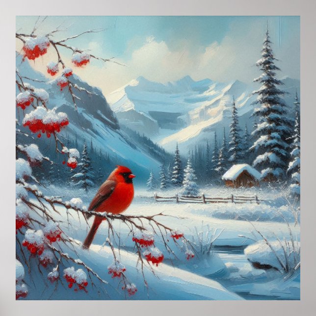 Roter Vogel und Winterlandschaft 7 Poster (Vorne)