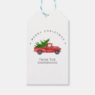 Roter Wasserfarben-Pickup-Truck mit Weihnachtsbaum Geschenkanhänger