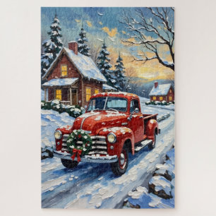 Roter Weihnachts-Lieferwagen auf verschneiter Land Puzzle