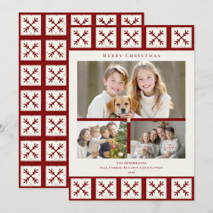 Roter Weihnachts-Schneeflieder-Quilt mit 3 Familie Feiertagskarte