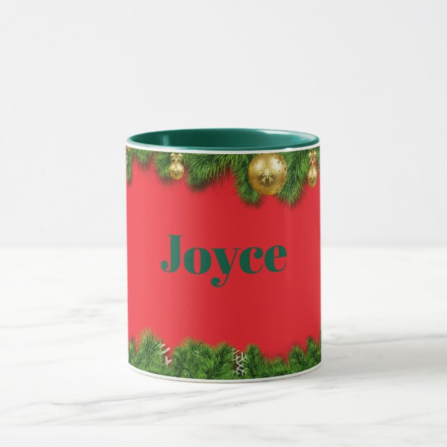 Roter Weihnachts TEMPLATE, grüner Text/Name, Tasse (Zentrum)